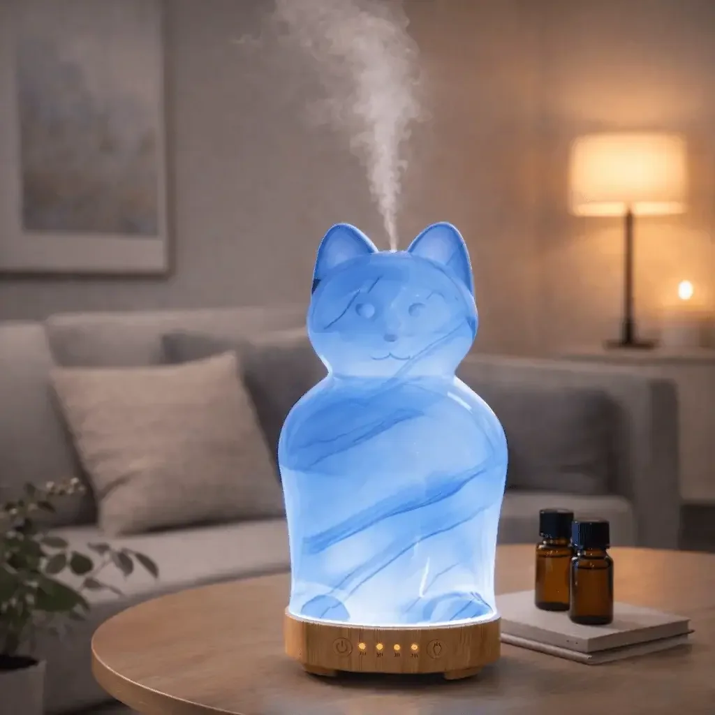 diffuseur ultrason chat, diffuseur huiles essentielles, lampe led ambiance, diffuseur vapeur froide, luxarom