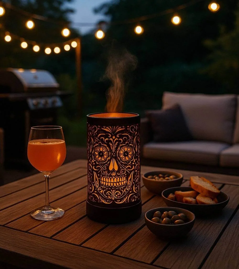 lampe diffuseur extérieur, diffuseur parfum, lumière led, ambiance terrasse, décoration extérieure, luxarom